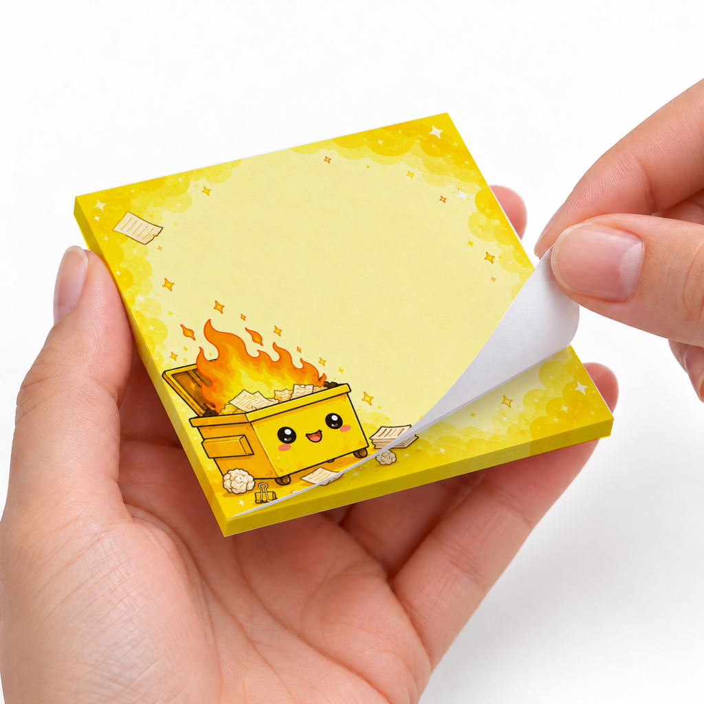 Hands peel a sheet from a yellow sticky note pad featuring a smiling dumpster fire illustration.