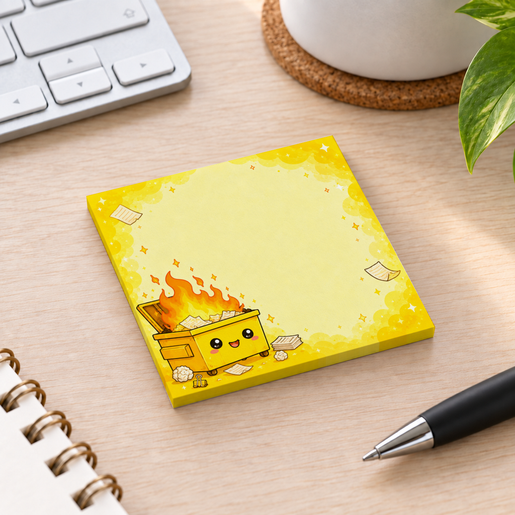 Smiling yellow dumpster fire sticky note pad on a wooden desk beside a keyboard, pen, notebook, and potted plant.
