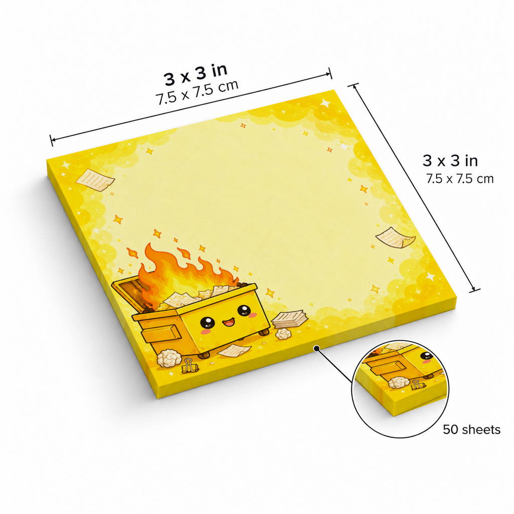 Smiling yellow dumpster fire sticky note pad shown with 3 x 3 inch dimensions and 50 sheets.