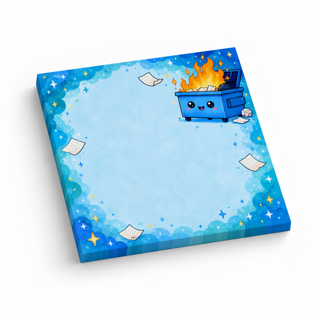 Smiling blue dumpster fire 3 x 3 inch sticky note pad with 50 sheets, a blank center, stars, and scattered papers.