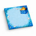 Smiling blue dumpster fire 3 x 3 inch sticky note pad with 50 sheets, a blank center, stars, and scattered papers.