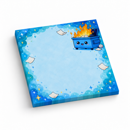 Smiling blue dumpster fire 3 x 3 inch sticky note pad with 50 sheets, a blank center, stars, and scattered papers.