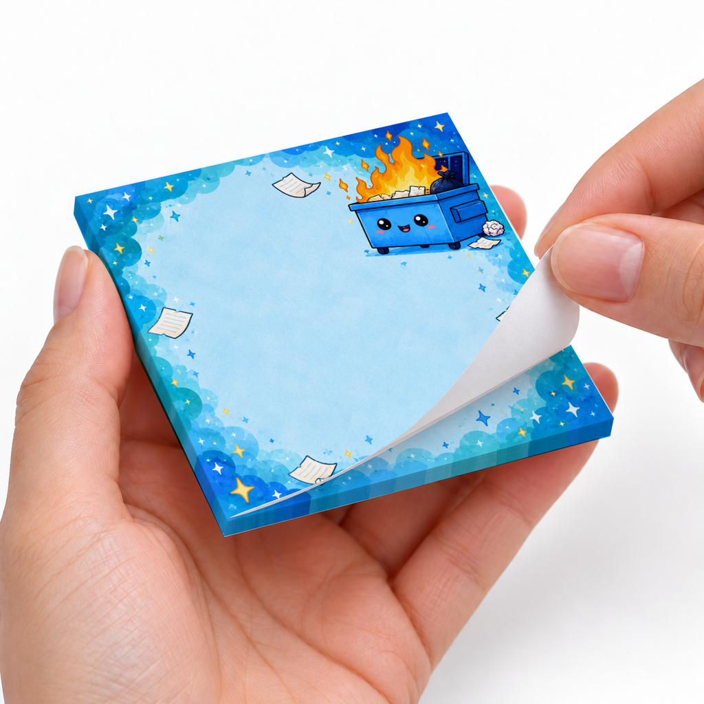Hands peel a sheet from the blue sticky note pad featuring a smiling dumpster fire and starry border.