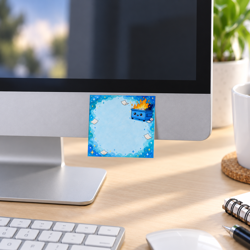 Smiling blue dumpster fire sticky note attached to a desktop monitor above a keyboard and mouse.