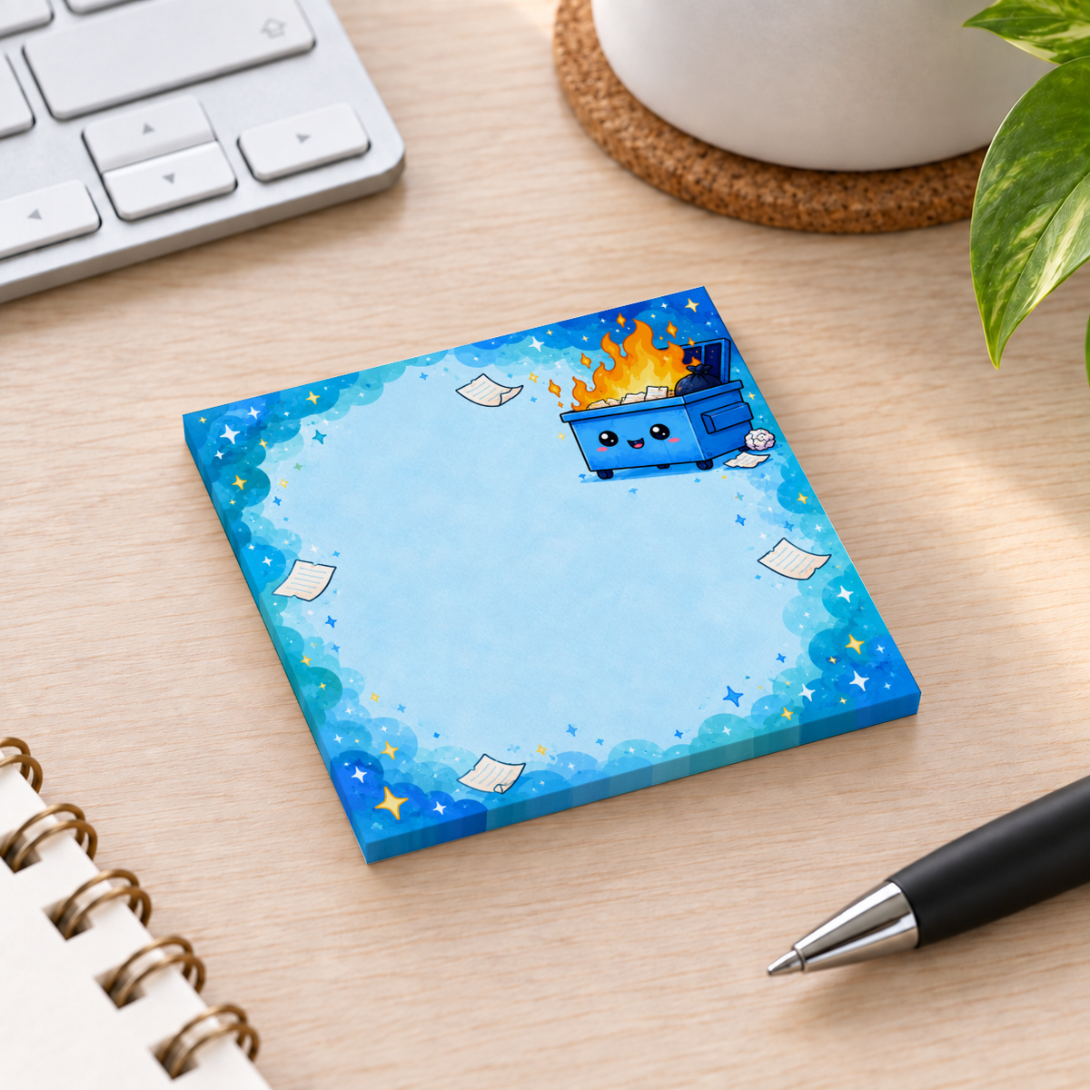 Smiling blue dumpster fire sticky note pad on a wooden desk beside a keyboard, pen, notebook, and plant.