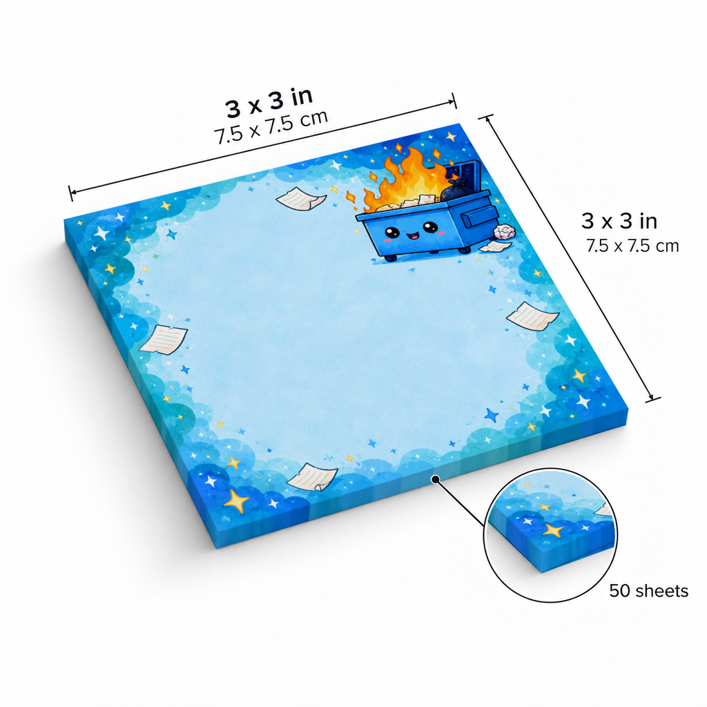 Smiling blue dumpster fire sticky note pad shown as 3 x 3 inches (7.5 x 7.5 cm) with 50 sheets.