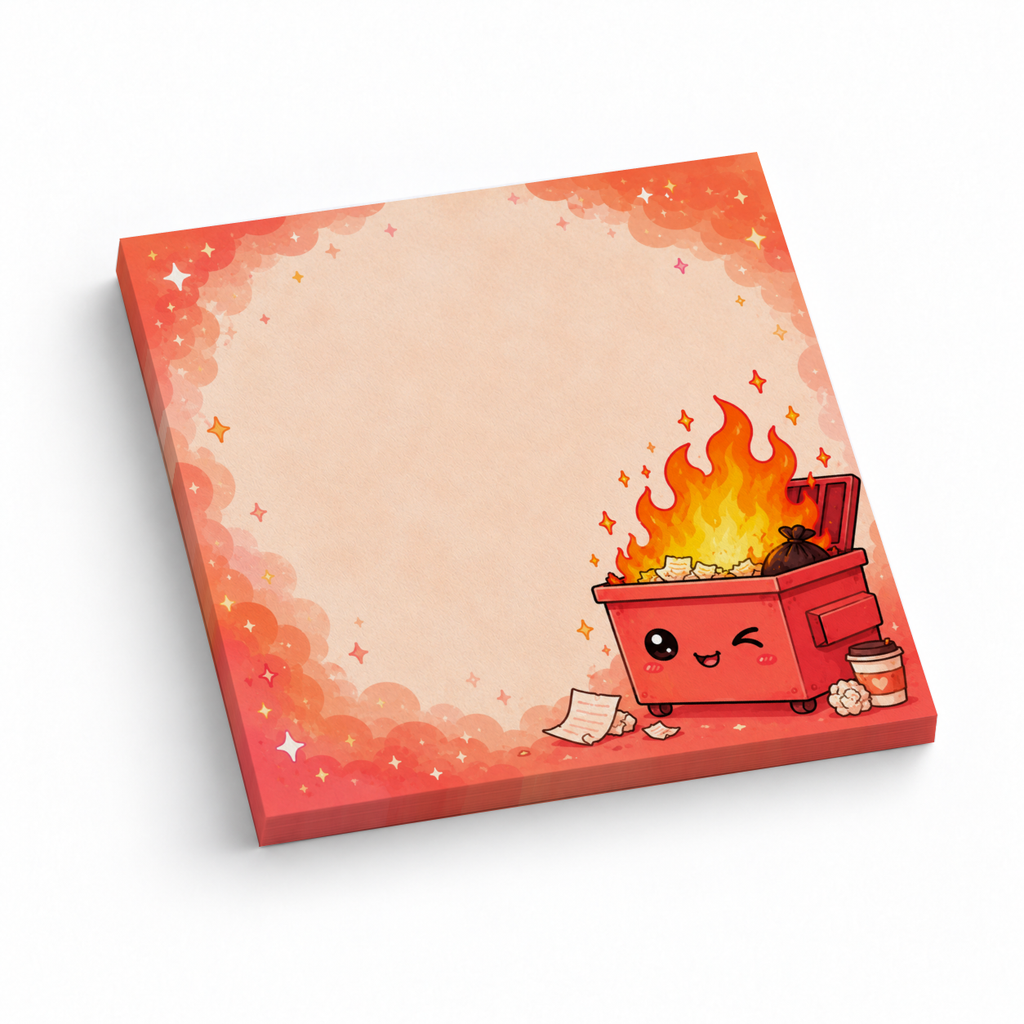 Winking dumpster fire sticky note pad with a peach writing area and red-orange sparkly border on white.