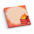 Winking dumpster fire sticky note pad with a peach writing area and red-orange sparkly border on white.