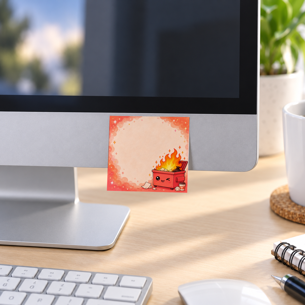 Winking Dumpster Fire sticky note attached to a desktop monitor above a keyboard and mouse.