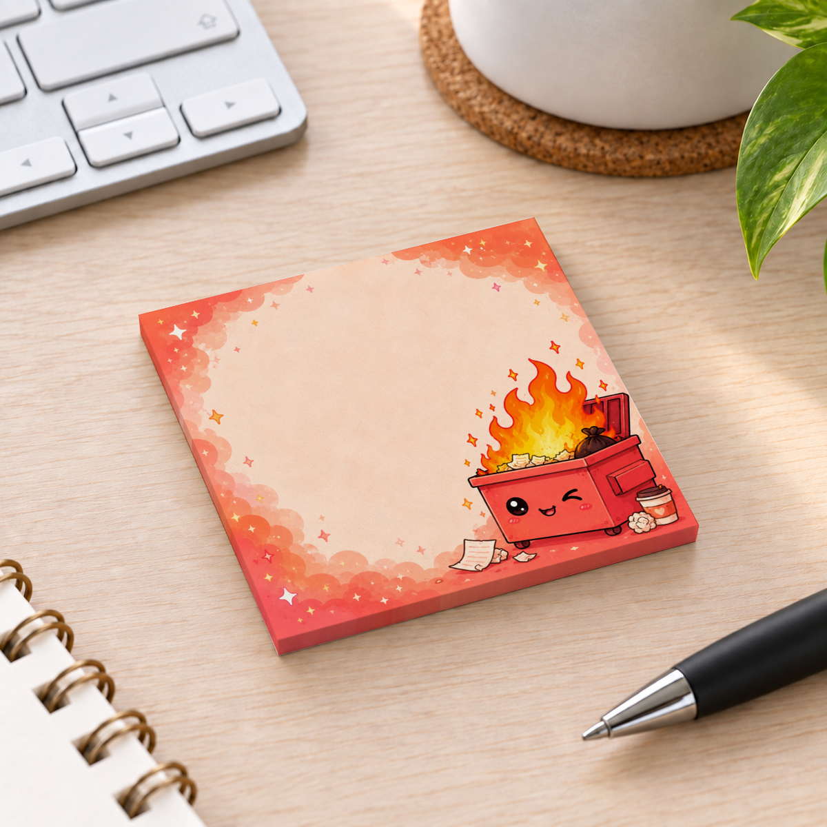 Winking dumpster fire sticky note pad on a wooden desk beside a keyboard, pen, notebook, mug, and plant.