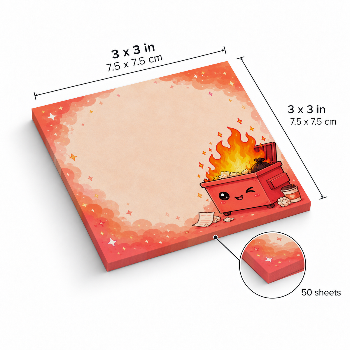 Winking dumpster fire sticky note pad, labeled 3 x 3 inches (7.5 x 7.5 cm) with 50 sheets.