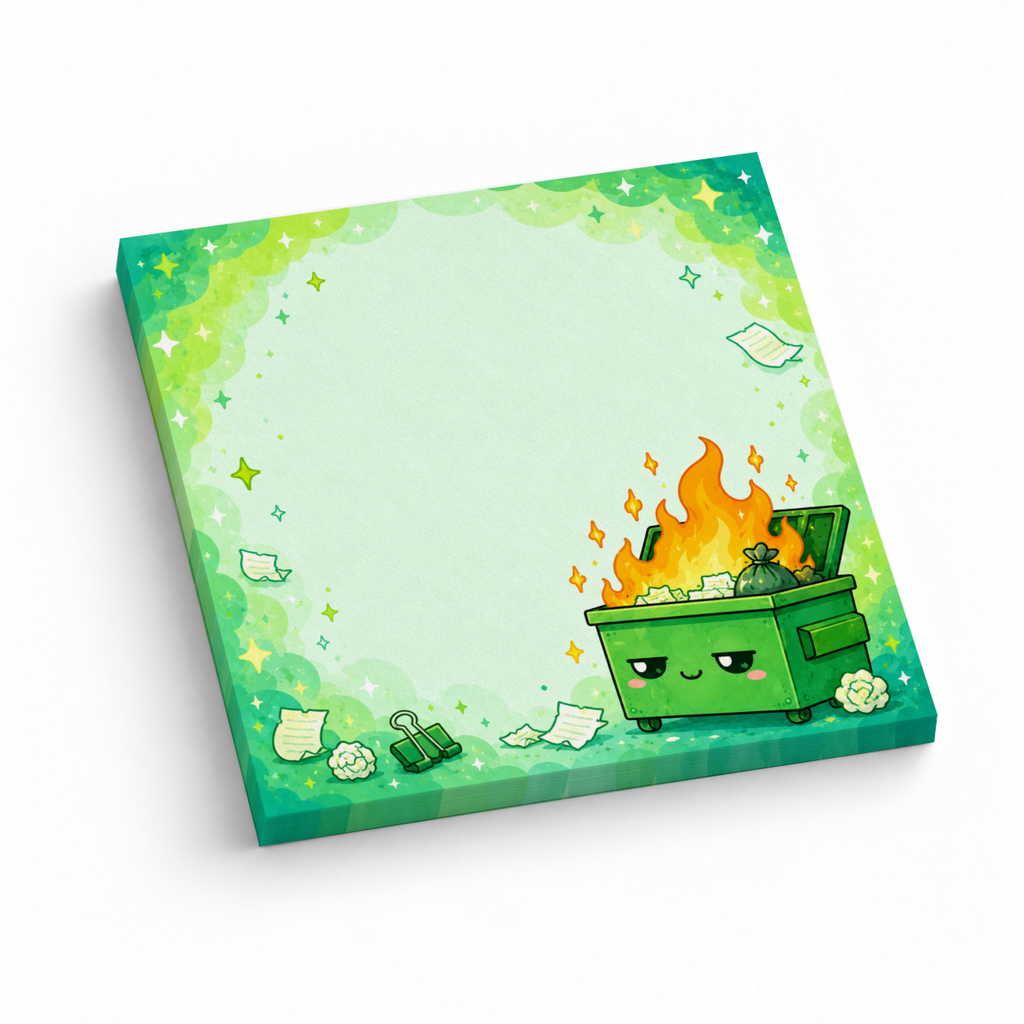 Kawaii green dumpster fire sticky note pad with orange flames, scattered paper, and a leafy border on white.