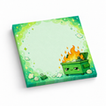 Kawaii green dumpster fire sticky note pad with orange flames, scattered paper, and a leafy border on white.