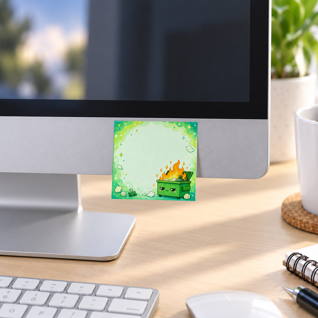 Kawaii green dumpster fire sticky note pad attached to a desktop monitor above a keyboard and mouse.
