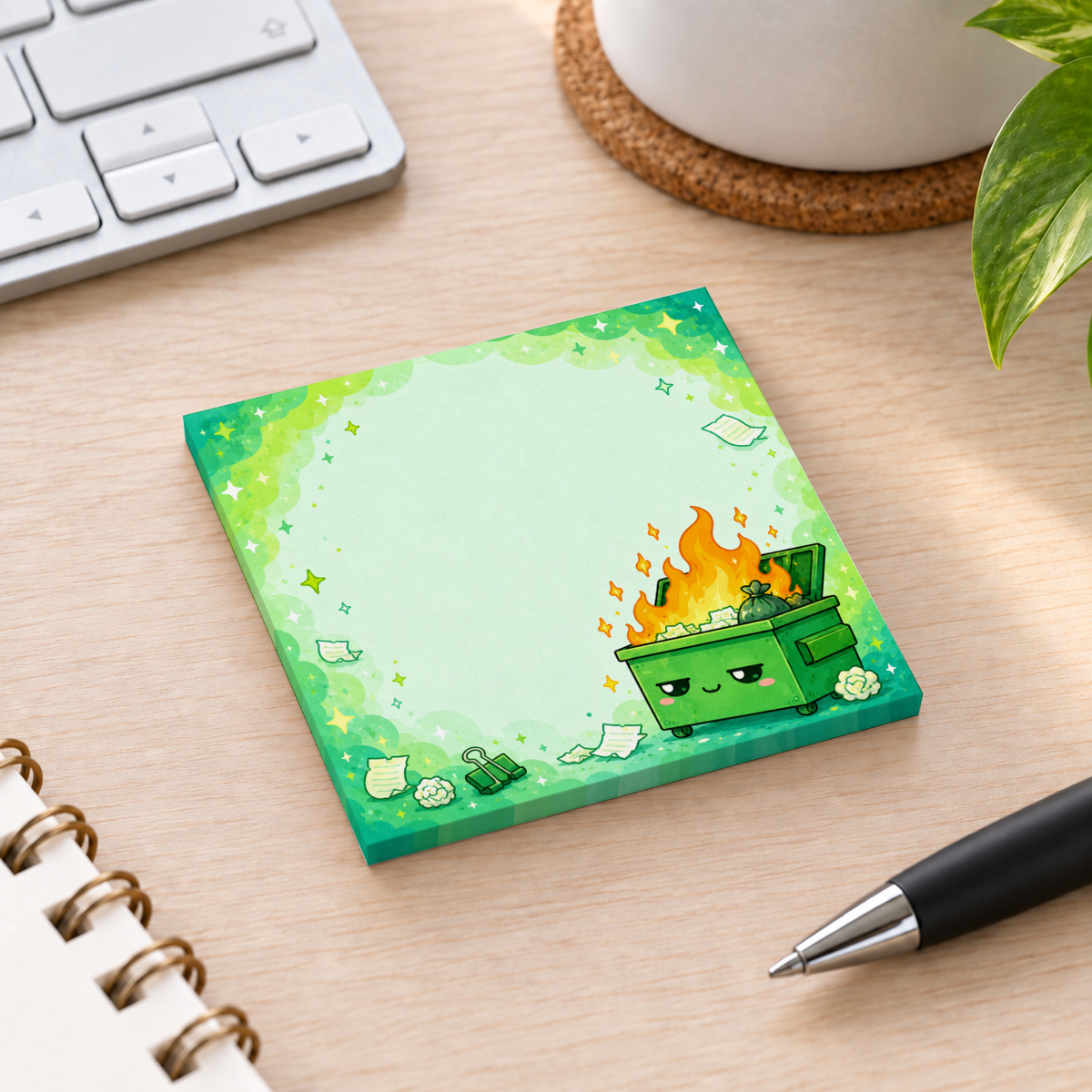 Kawaii green dumpster fire sticky note pad on a wooden desk beside a keyboard, pen, notebook, and plant.