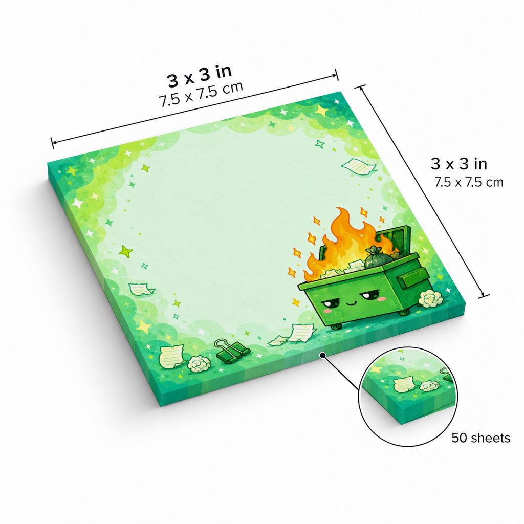 Kawaii green dumpster fire sticky note pad shown with 3 x 3 in (7.5 x 7.5 cm) dimensions and 50 sheets.