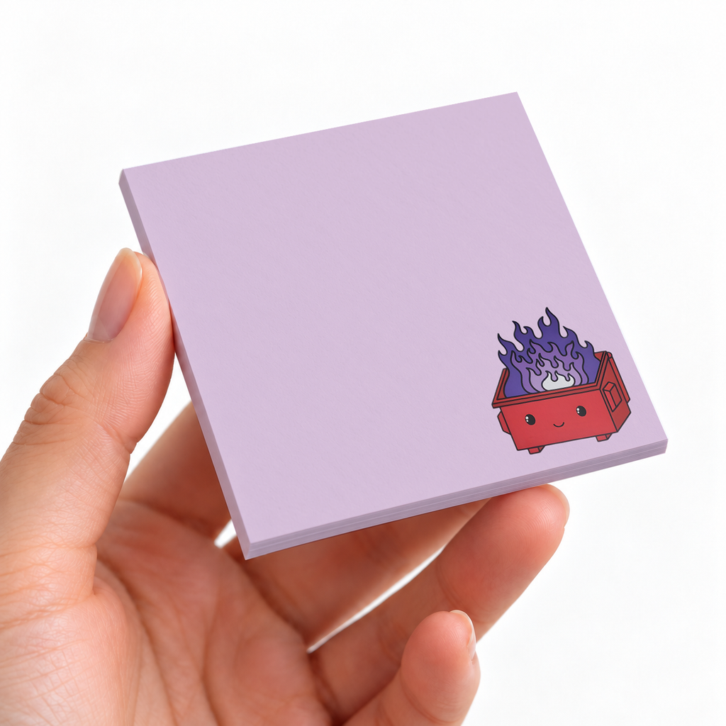 Red Dumpster Fire sticky note pad on a desk with stationery