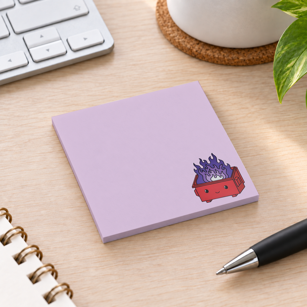 Close-up of Red Dumpster Fire sticky note design and writable area
