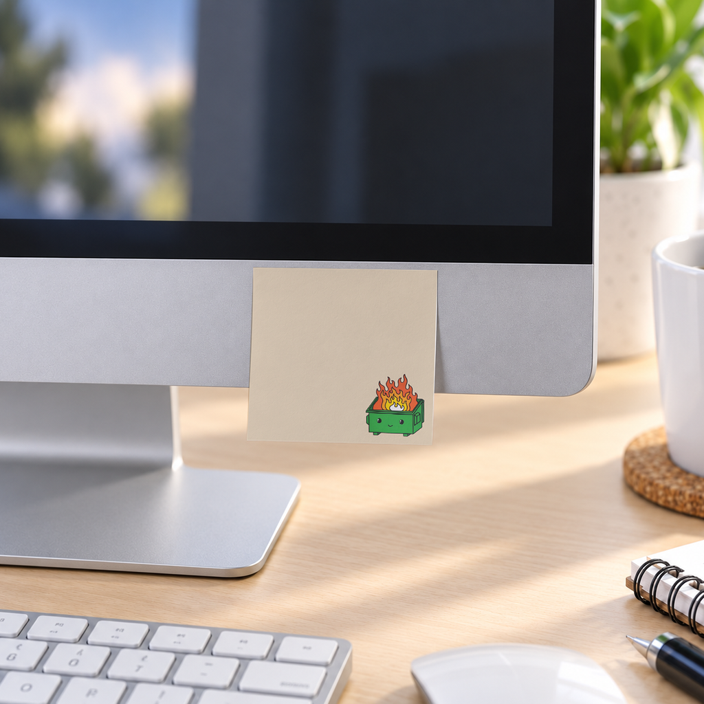 Green Dumpster Fire memo pad in an office or home workspace