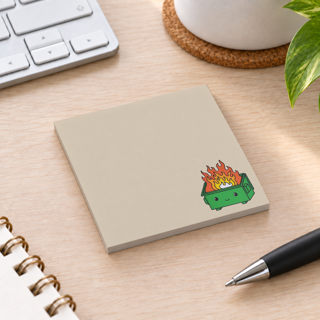 Close-up of Green Dumpster Fire sticky note design and writable area