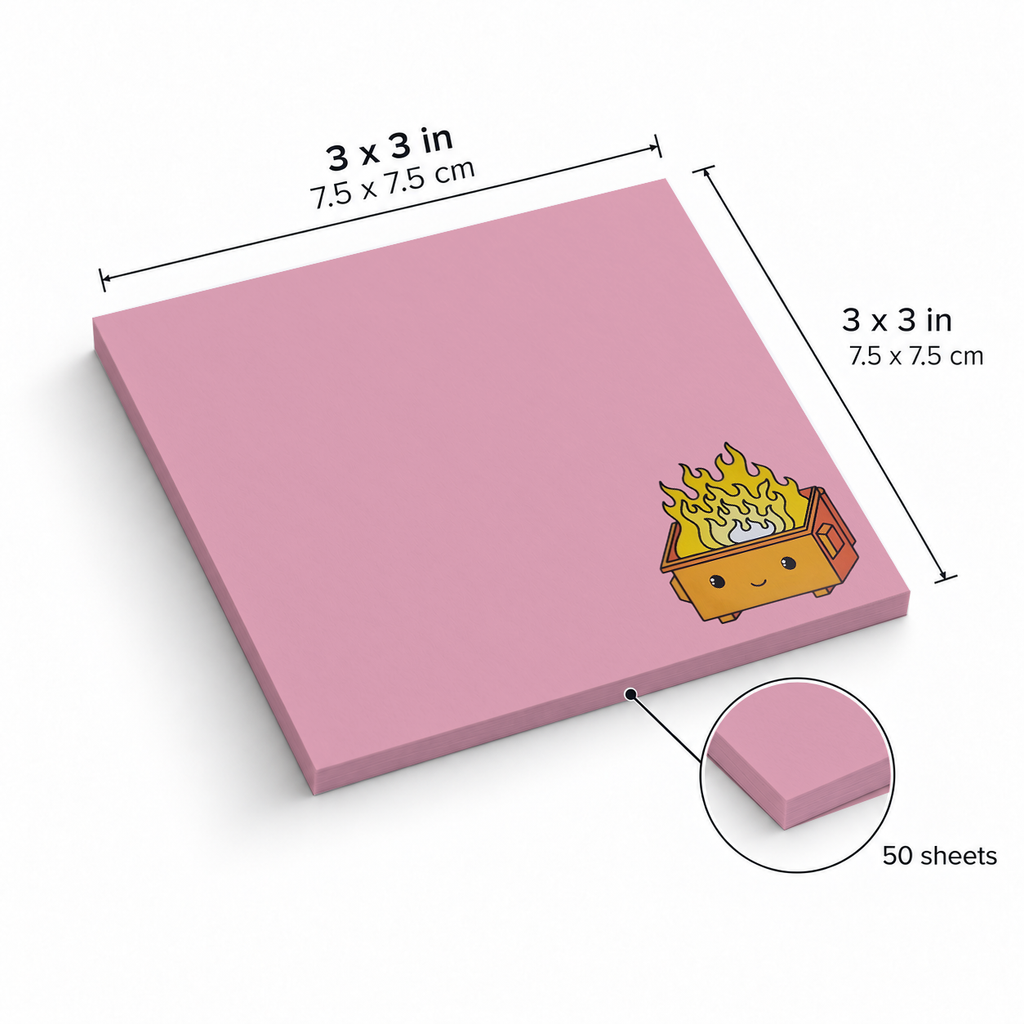 Orange Dumpster Fire sticky notes, 3x3 in (7.5 x 7.5 cm), 50 sheets