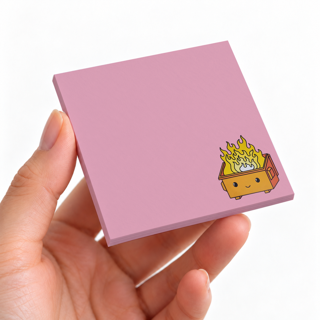 Orange Dumpster Fire sticky note pad on a desk with stationery