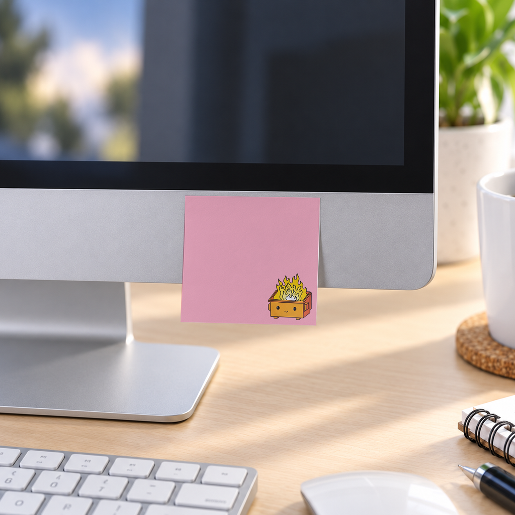 Orange Dumpster Fire memo pad in an office or home workspace
