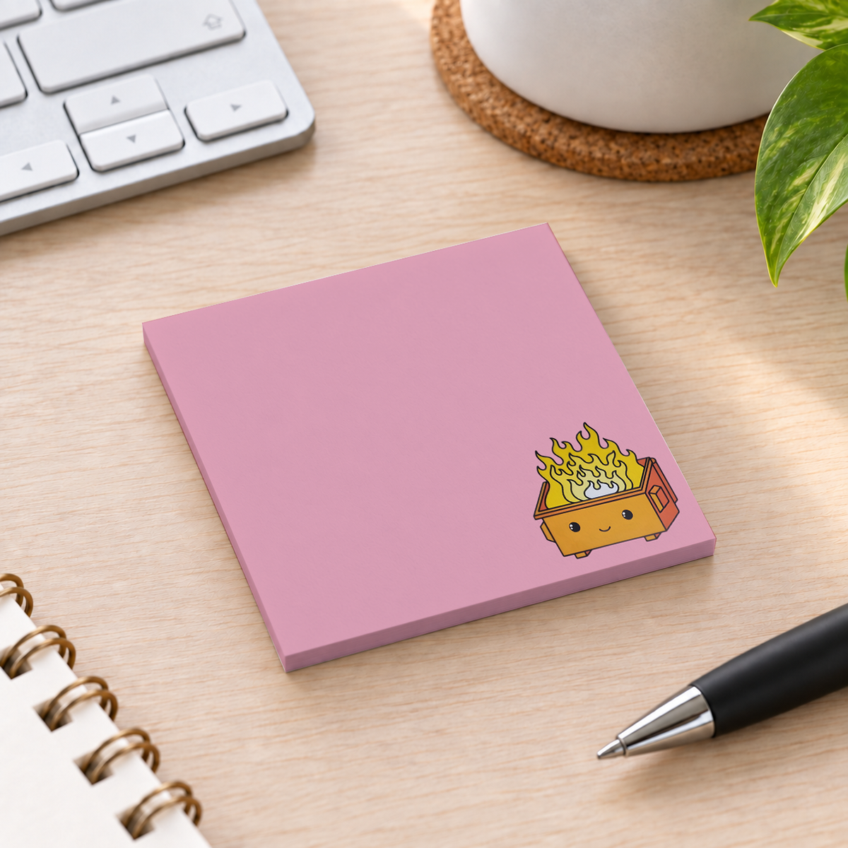 Close-up of Orange Dumpster Fire sticky note design and writable area