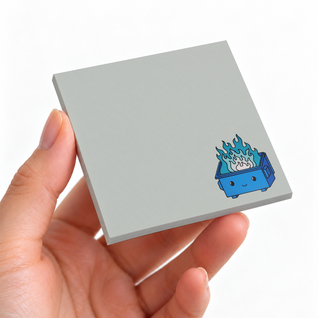 Blue Dumpster Fire sticky note pad on a desk with stationery