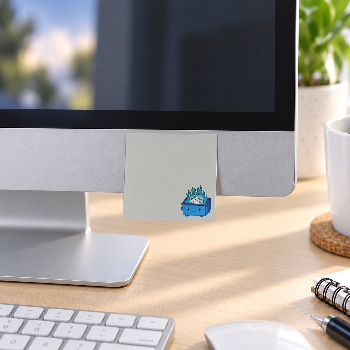 Blue Dumpster Fire memo pad in an office or home workspace