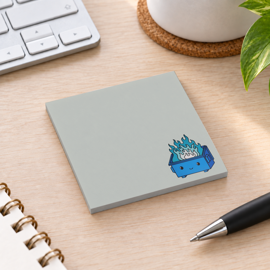 Close-up of Blue Dumpster Fire sticky note design and writable area