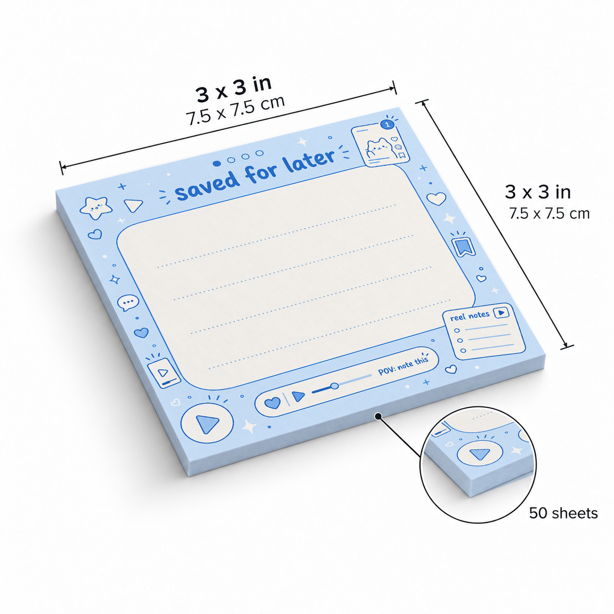Pastel Blue Saved For Later sticky notes, 3x3 in (7.5 x 7.5 cm), 50 sheets
