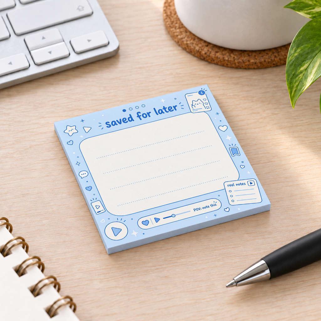 Close-up of Pastel Blue Saved For Later sticky note design and writable area