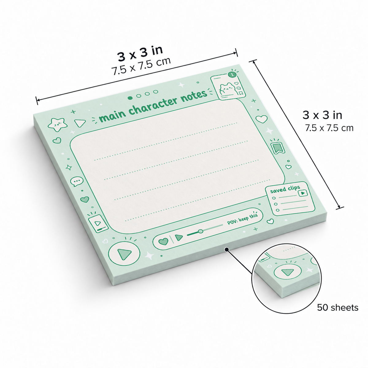 Green Main Character Notes sticky notes, 3x3 in (7.5 x 7.5 cm), 50 sheets