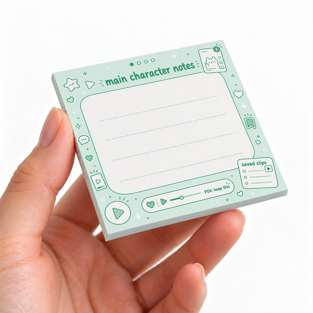 Green Main Character Notes sticky note pad on a desk with stationery