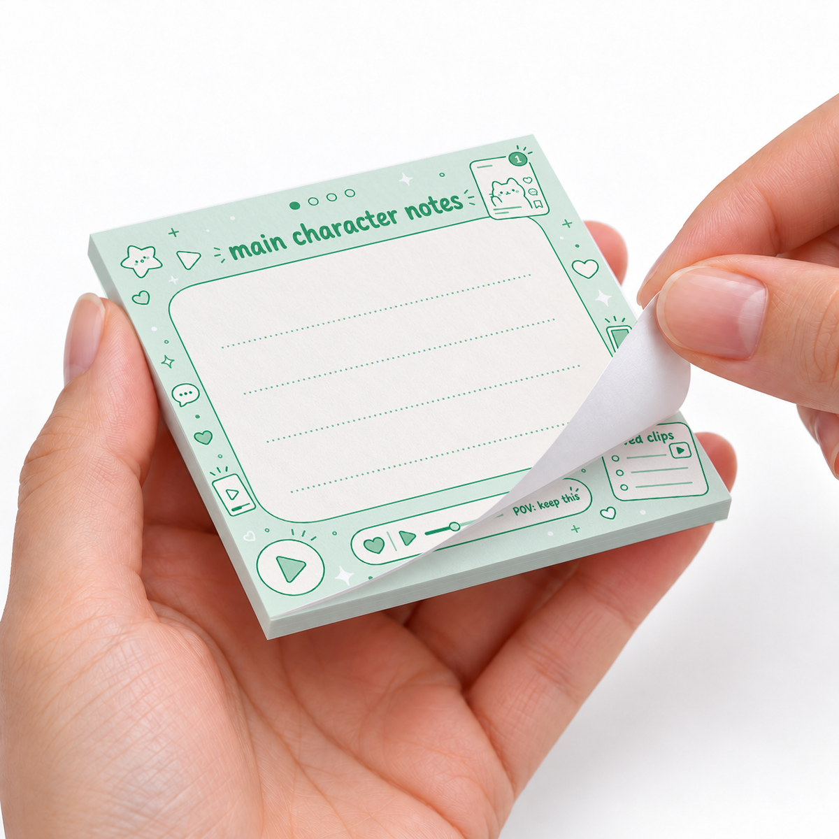 Green Main Character Notes sticky notes styled with a planner and desk accessories