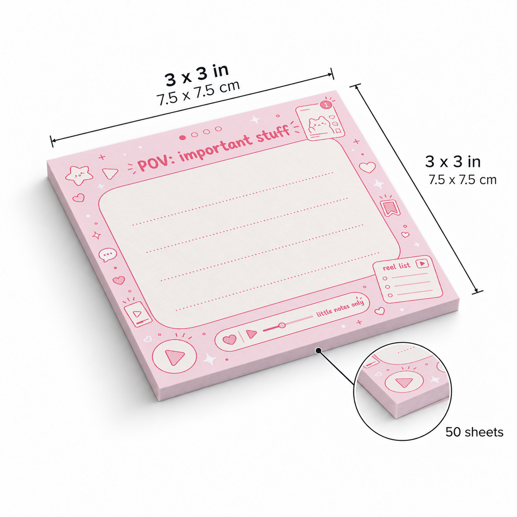 Pink POV Important Stuff sticky notes, 3x3 in (7.5 x 7.5 cm), 50 sheets