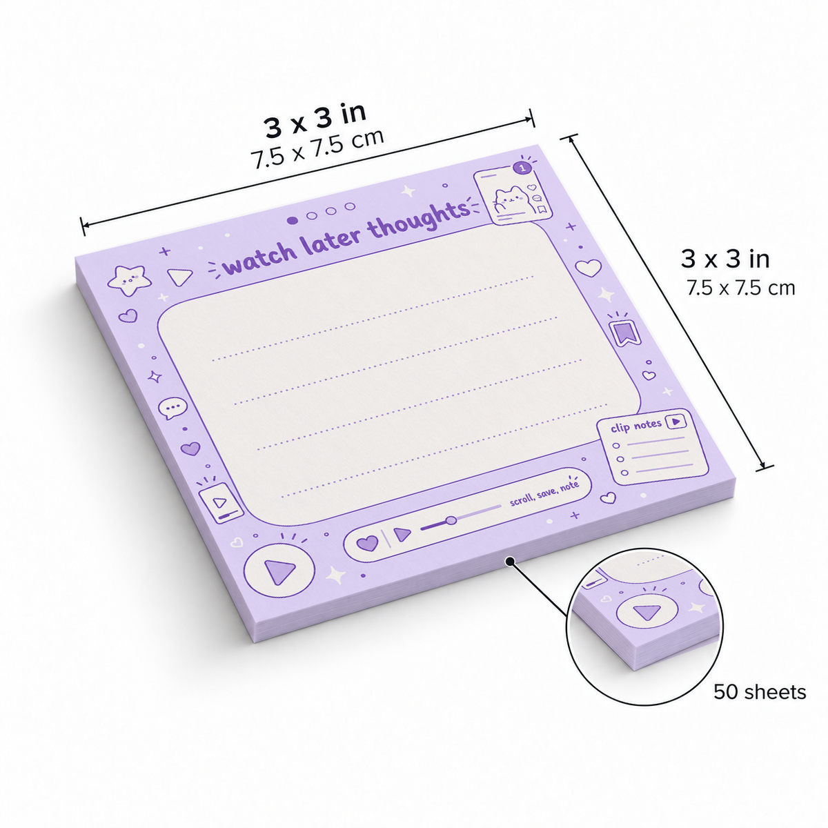 Purple Watch Later Thoughts sticky notes, 3x3 in (7.5 x 7.5 cm), 50 sheets
