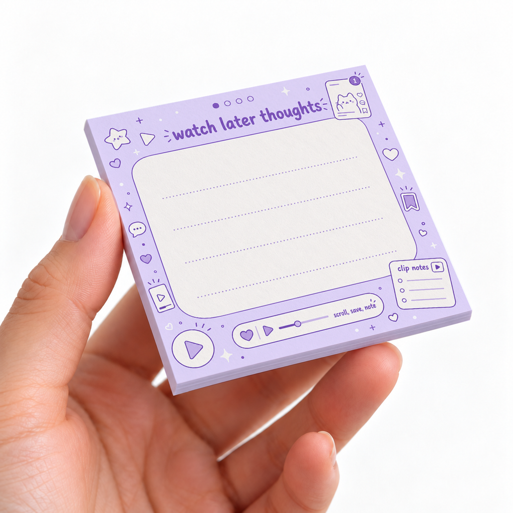 Purple Watch Later Thoughts sticky note pad on a desk with stationery