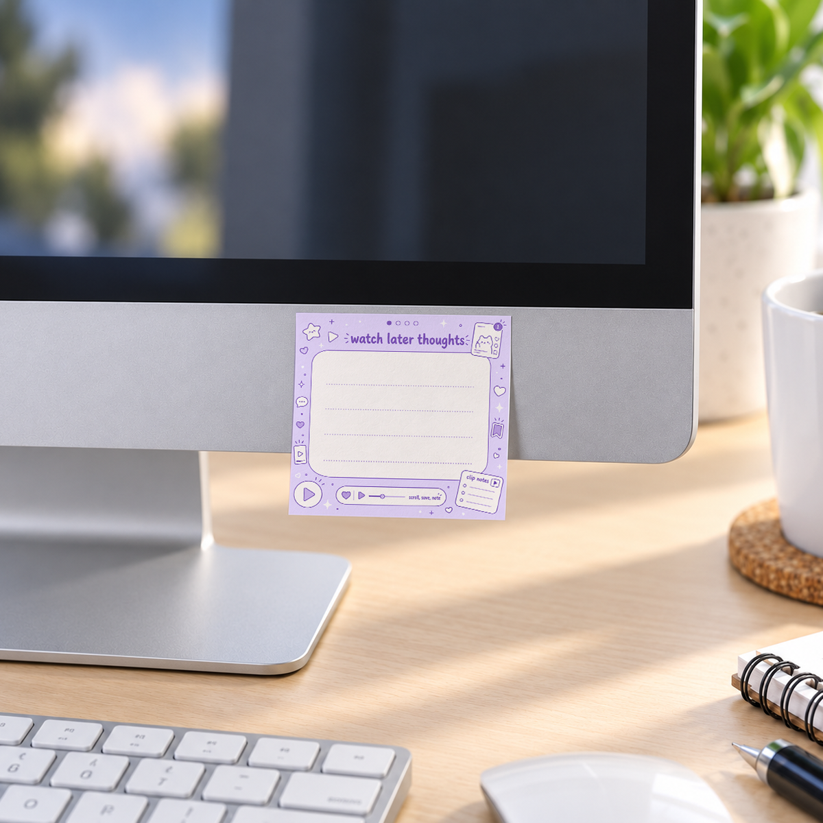 Purple Watch Later Thoughts memo pad in an office or home workspace