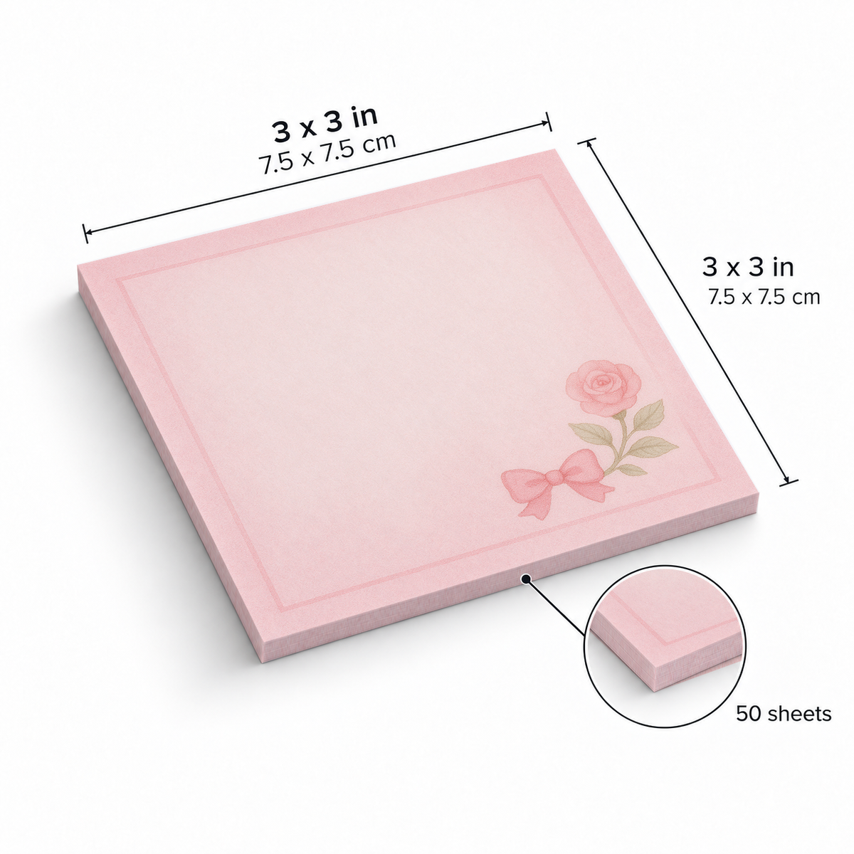 Single Rose & Bow sticky notes, 3x3 in (7.5 x 7.5 cm), 50 sheets