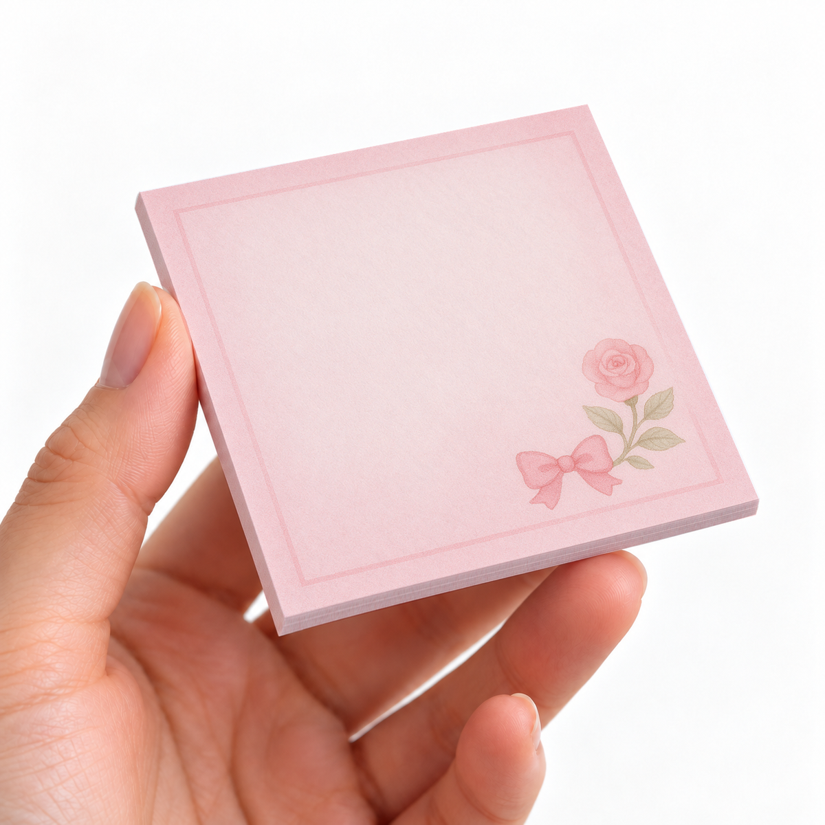 Single Rose & Bow sticky note pad on a desk with stationery