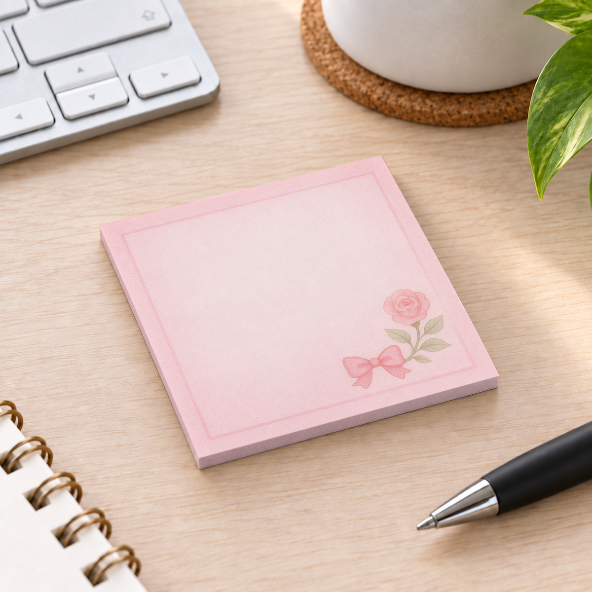 Close-up of Single Rose & Bow sticky note design and writable area