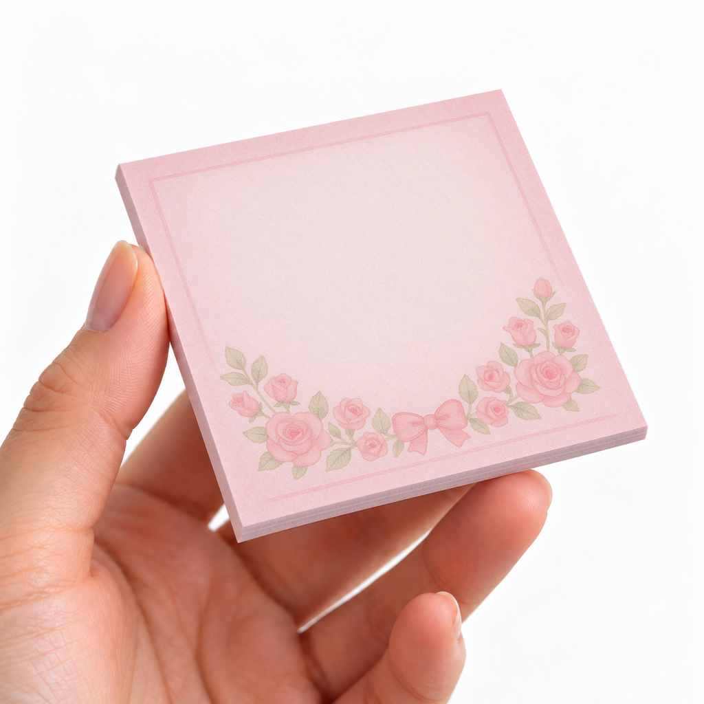 Rose Garland & Bow sticky note pad on a desk with stationery