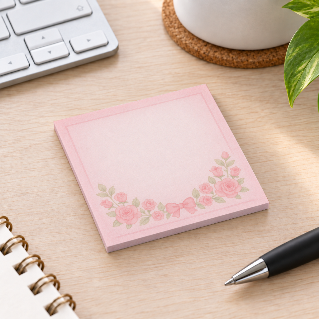 Close-up of Rose Garland & Bow sticky note design and writable area