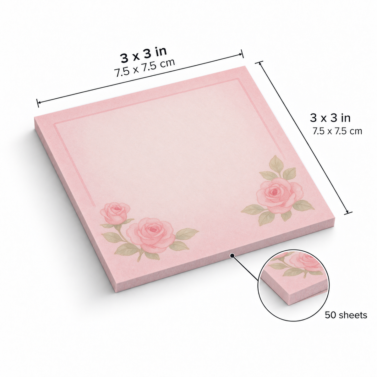 Pink Corner Roses sticky notes, 3x3 in (7.5 x 7.5 cm), 50 sheets