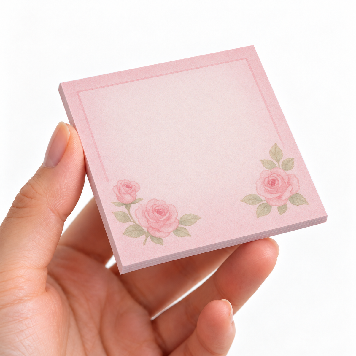 Pink Corner Roses sticky note pad on a desk with stationery