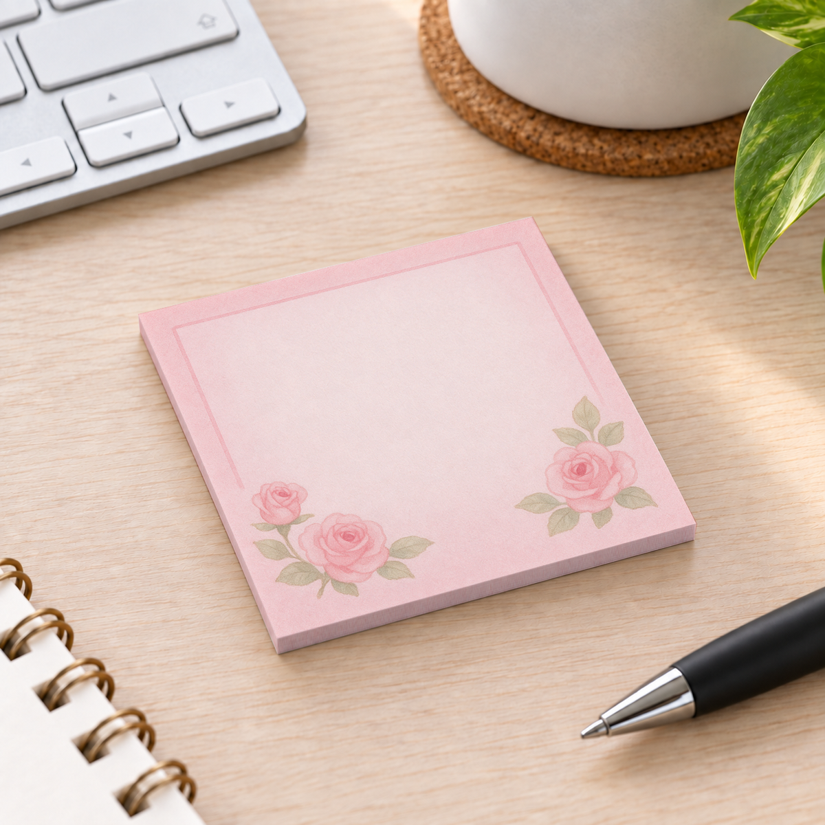 Close-up of Pink Corner Roses sticky note design and writable area
