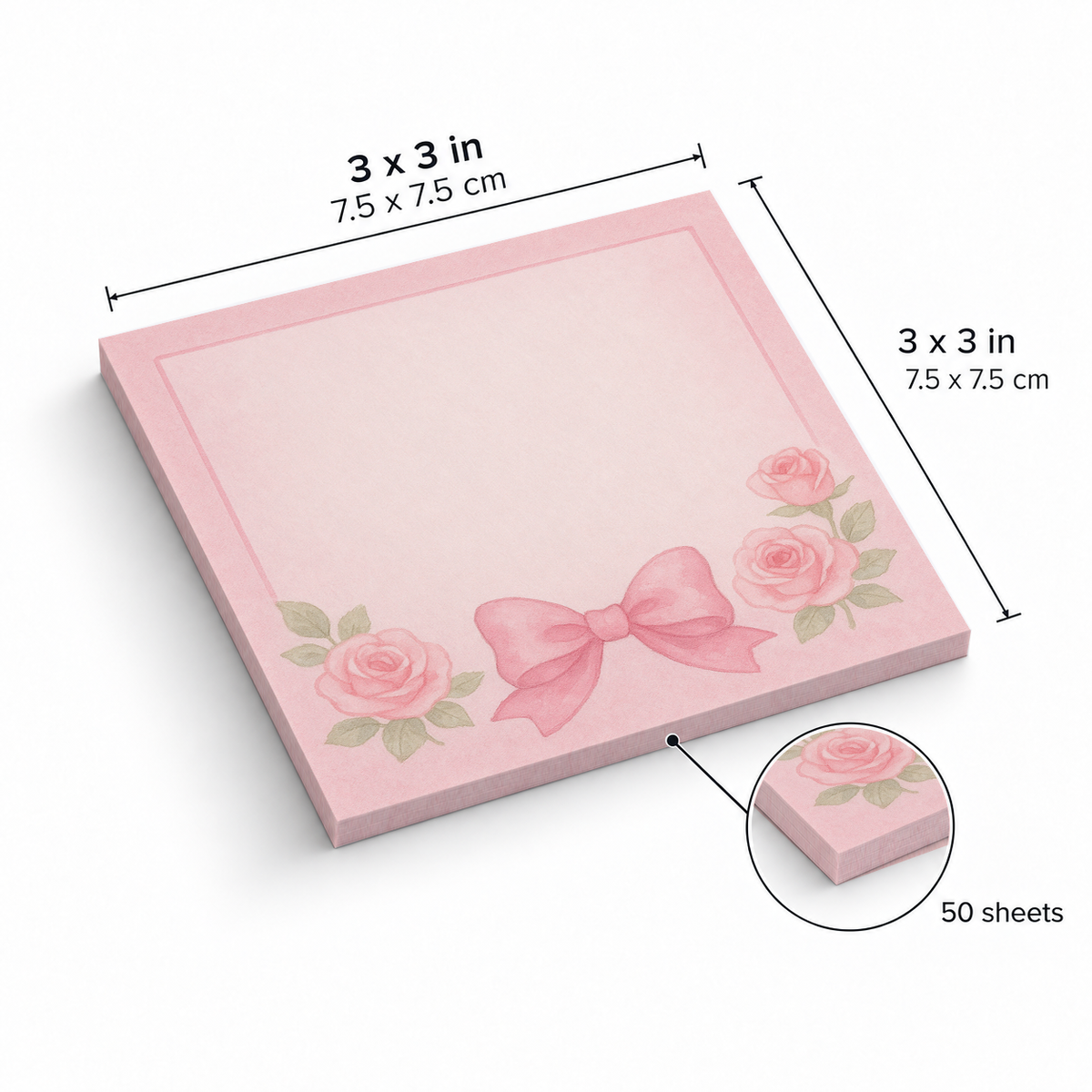 Center Bow & Roses sticky notes, 3x3 in (7.5 x 7.5 cm), 50 sheets