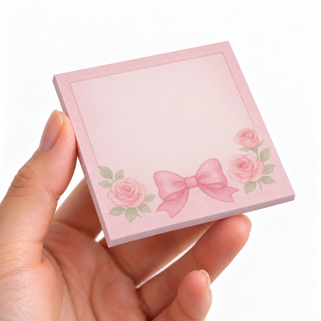 Center Bow & Roses sticky note pad on a desk with stationery